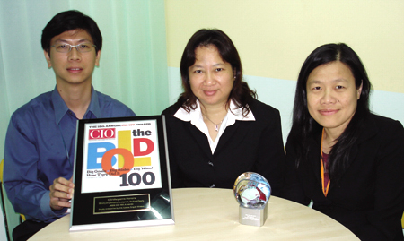 (From left) Mr Toh Kon Sing (Application Service Manager, Information Technology Division), Ms Nancy Ng (Chairperson of the ICMS Working Committee) and Ms Ng Peck Hoon (Manager, Family and Child Protection and Welfare Branch) received the CIO 100 Award on behalf of MCYS in August 2005.